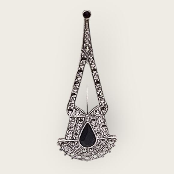 Art Deco Marcasite & Black Glass 1928 Vintage Brooch – Long Drop Fan Design - Picture 1 of 8